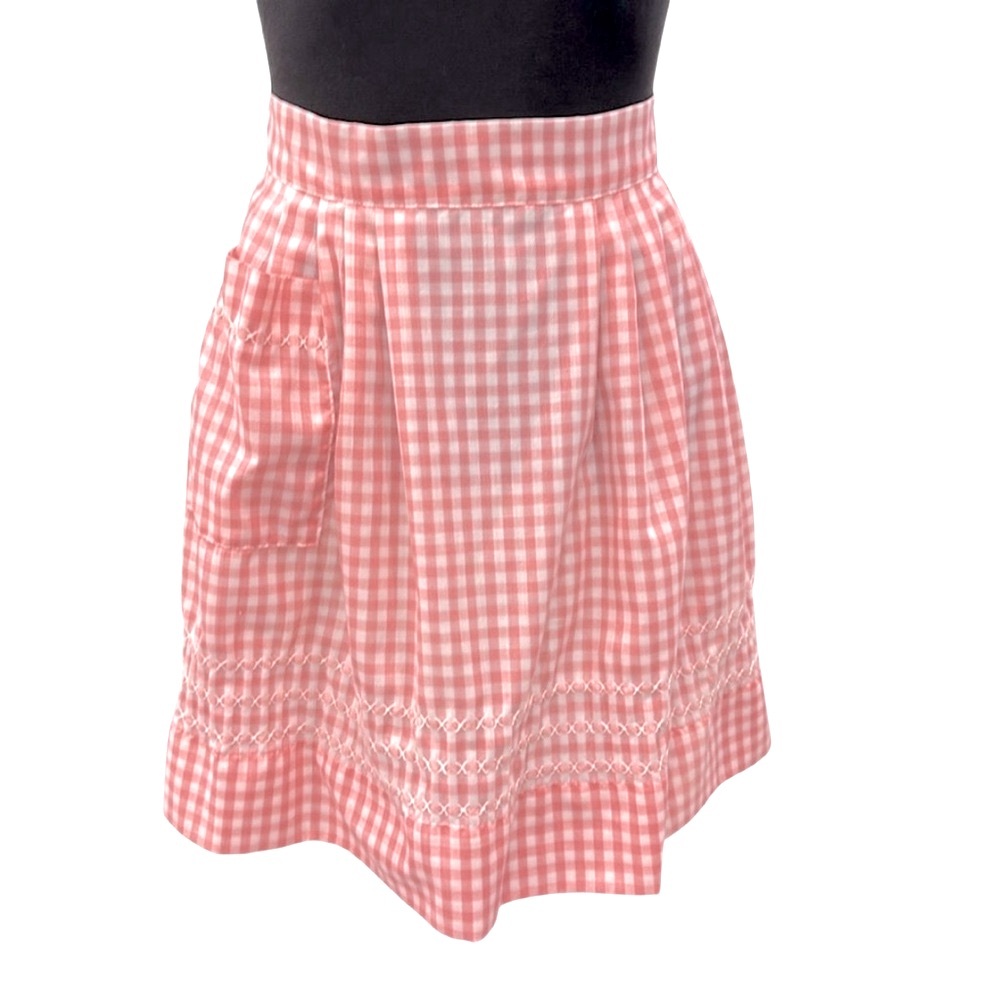 Vintage Handmade Half Apron Pink & White Gingham w/ Pocket & Detailed Stitching